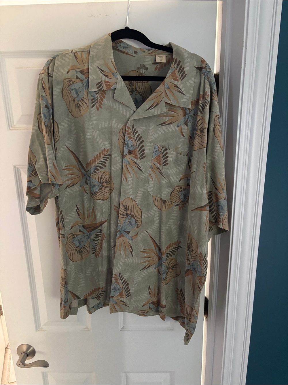 Arrow Silk Camp Shirt in Sage with Tan & Muted Blue Print